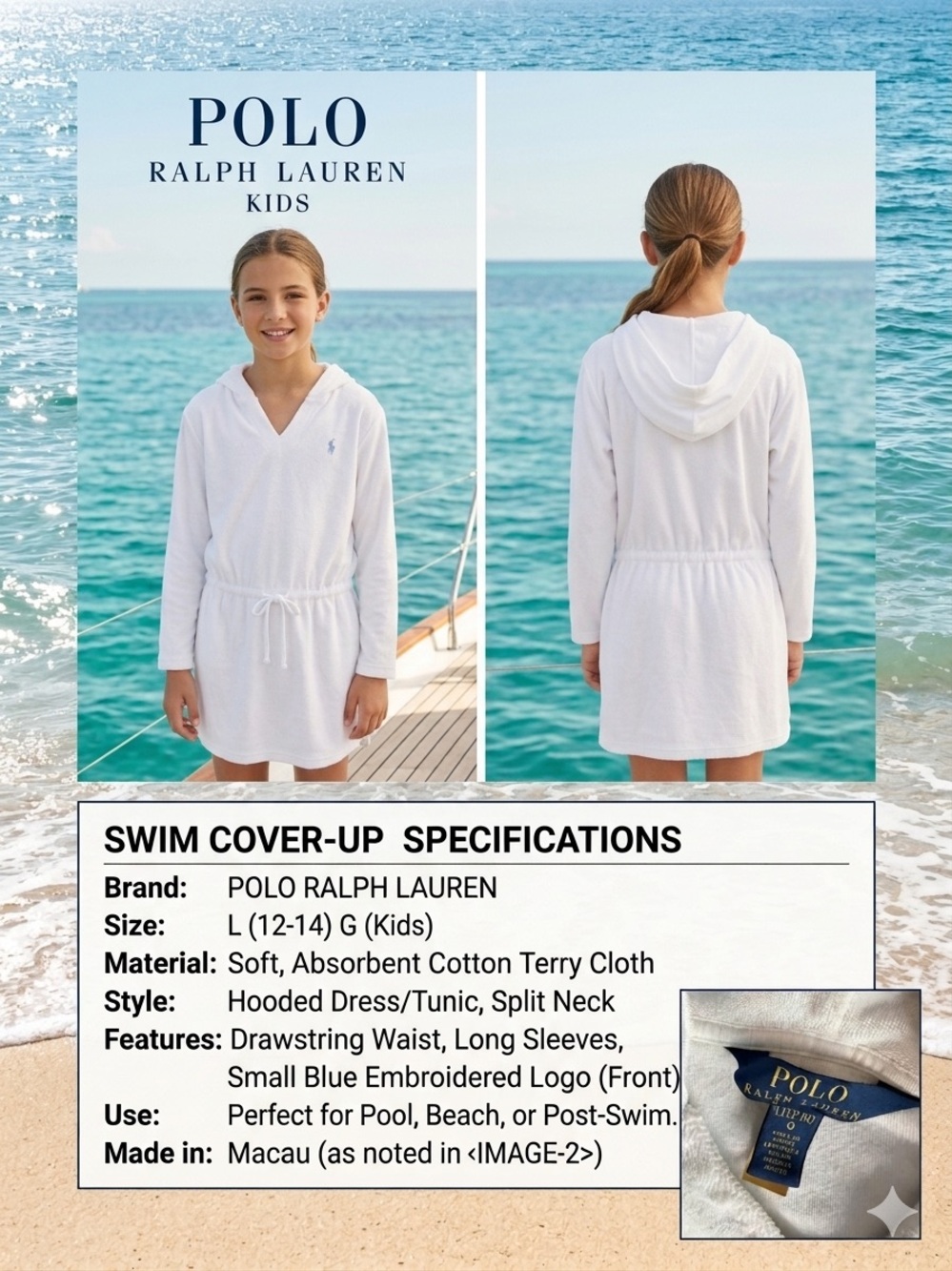 Polo by Ralph Lauren Kids White Hooded Terry Swim Coverup with Blue Logo -Large